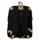 The back view of a black backpack with beige webbed shoulder straps, top handle, and corner accents, shown against a light gray background.
