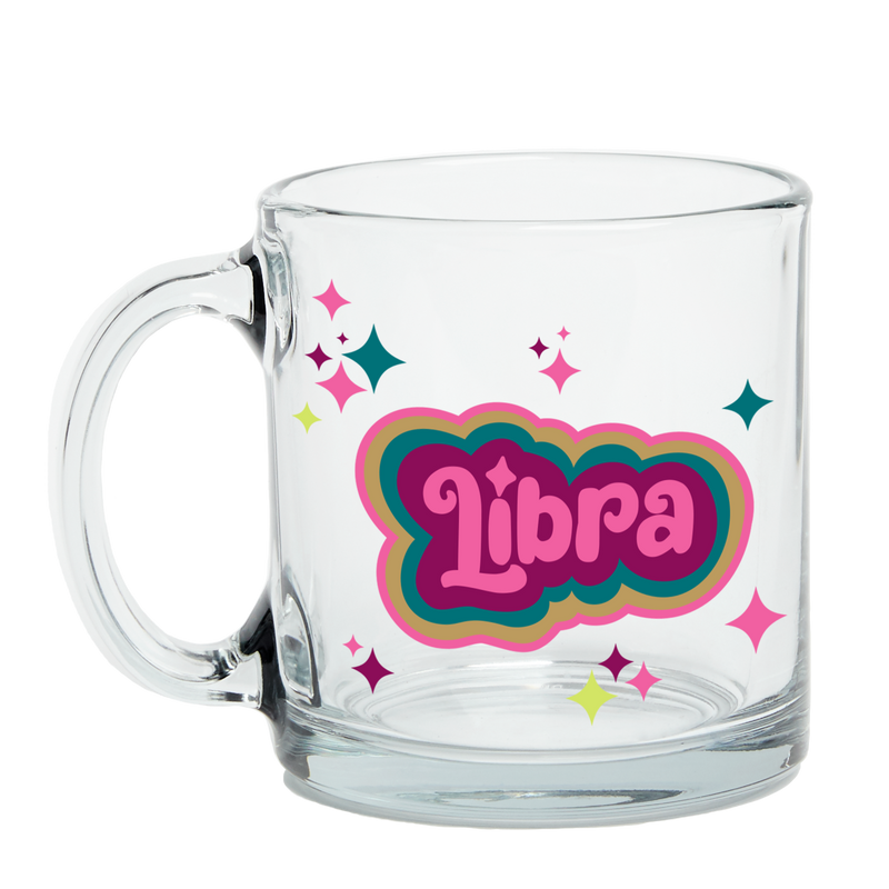 Clear Glass Mug with Text Libra