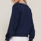 Long Sleeve V-Neck Embroidered Detail Sweatshirt - Navy/Off White (Back)