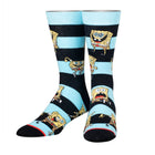 A pair of crew socks featuring a repeating pattern of SpongeBob SquarePants characters on horizontal light blue and black stripes, with a black toe and heel and a thin red accent line.