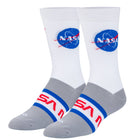 White socks with NASA logo and gray accents on a white background
