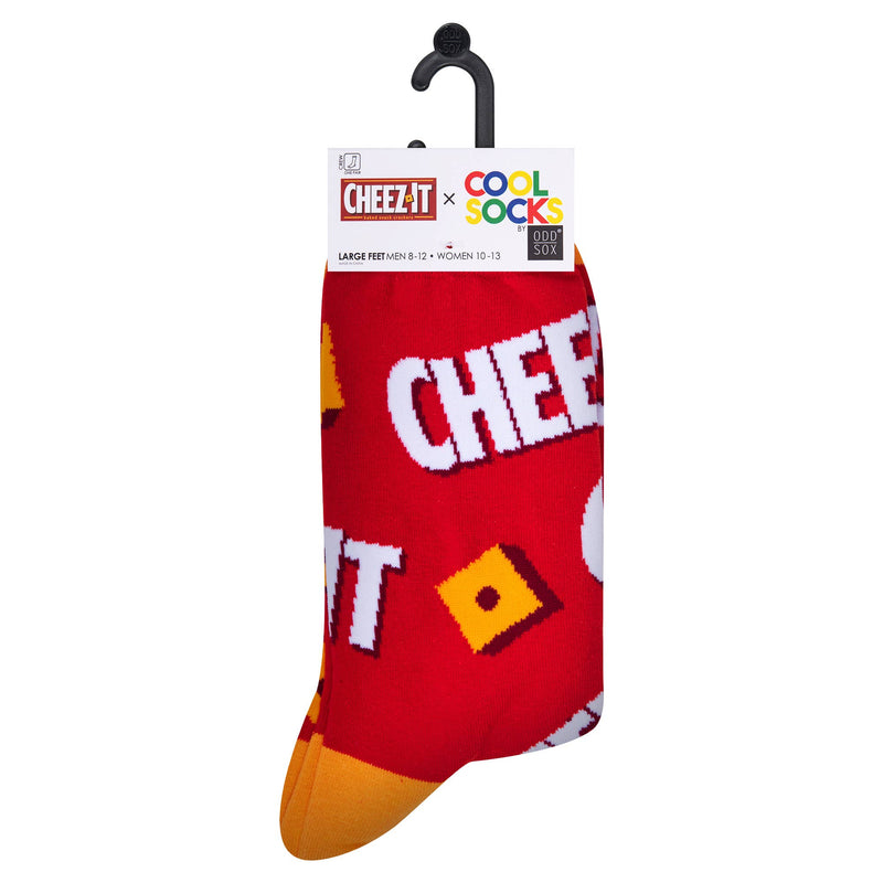 Red sock with yellow accents and 'Cheez-It' branding on a white background
