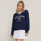 Long Sleeve V-Neck Embroidered Detail Sweatshirt - Navy/Off White