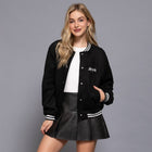 Los Angeles Long Sleeve Embroidery Detail Faux Suede Black Varsity Jacket Front