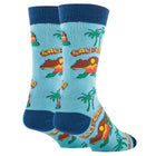 A pair of light blue crew socks with a colorful California-themed graphic print featuring palm trees, mountains, and the word 'CALIFORNIA' in yellow letters, shown against a plain white background.