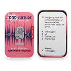 Pop Culture Trivia Game packaging with a question and answer card on a white background