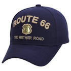 Navy blue cap with 'ROUTE 66 THE MOTHER ROAD' text on a white background