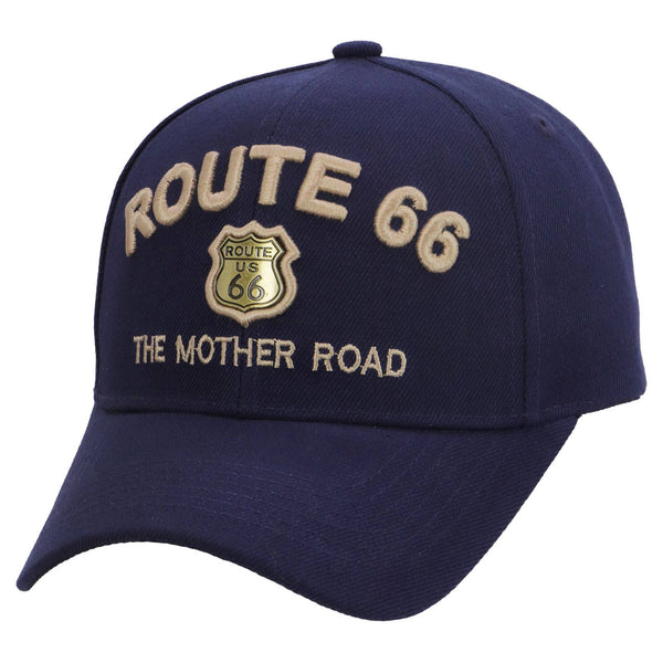 Navy blue cap with 'ROUTE 66 THE MOTHER ROAD' text on a white background