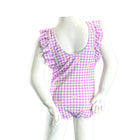 Purple gingham swimsuit with floral details on a mannequin against a white background