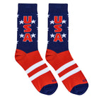 Pair of socks with 'USA' and star design on a white background