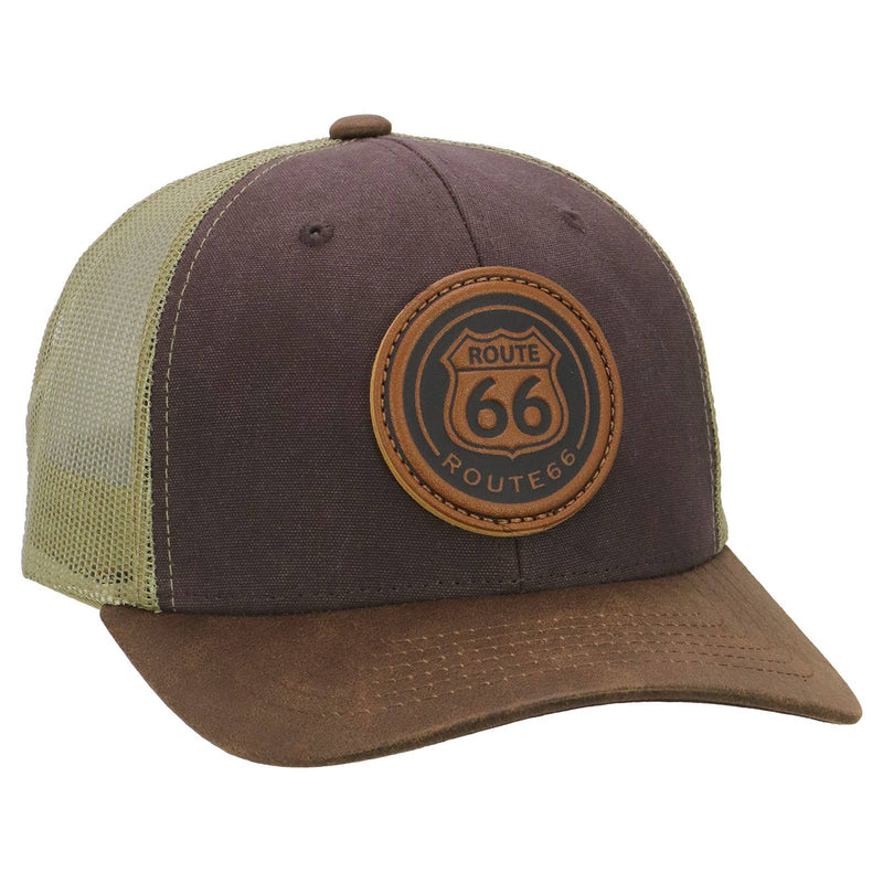 Route 66 Canvas Vegan Oiled Leather Trucker Hat - Brown/Brown/Khaki Front