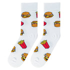 White socks with burger and fries pattern on a white background