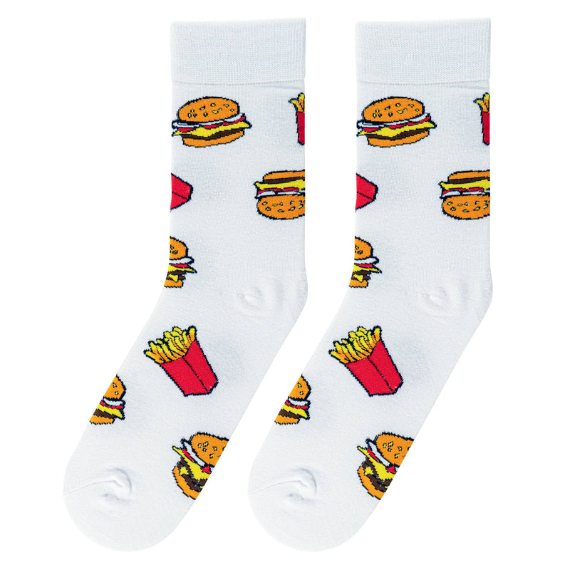 White socks with burger and fries pattern on a white background