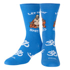 Blue socks with graphic design and text on a white background