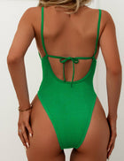 Model wearing Two Shoulder Wrinkle One Piece Swimwear - Green Back