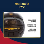 Soccer ball with text highlighting non-toxic PVC, dual-layered backing, and other features on a blue and red background.
