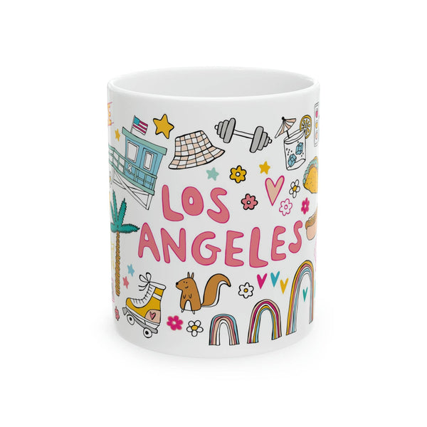White mug with colorful 'Los Angeles' design on a white background