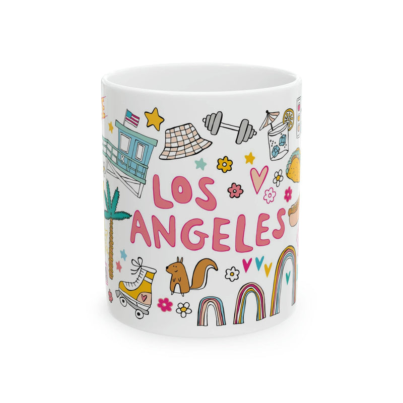 White mug with colorful 'Los Angeles' design on a white background