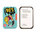 90s Music Trivia Game with question and answer card on a white background