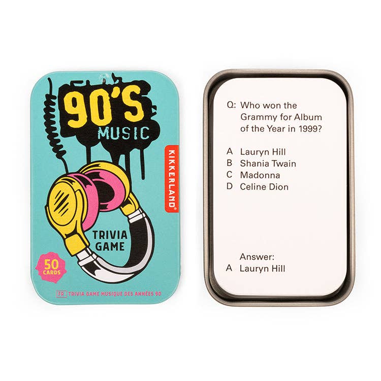 90s Music Trivia Game with question and answer card on a white background