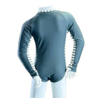 Gray rashguard with white accents on a white background
