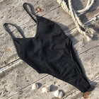 Two Shoulder Wrinkle One Piece Swimwear - Black