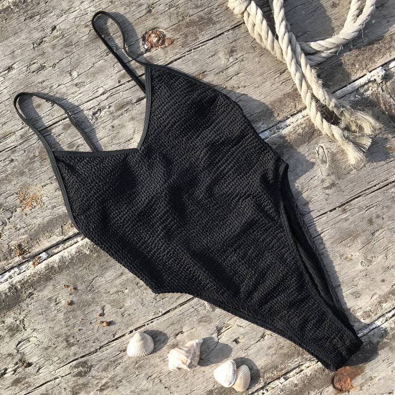 Two Shoulder Wrinkle One Piece Swimwear - Black