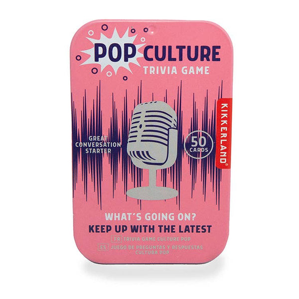 Pink packaging of a pop culture trivia game with a microphone graphic and Kikkerland branding.