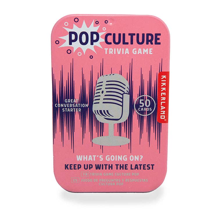 Pink packaging of a pop culture trivia game with a microphone graphic and Kikkerland branding.