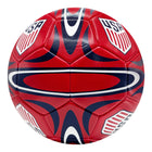 Red, white, and blue soccer ball with USA logo on a white background