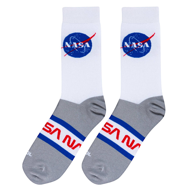 White socks with NASA logo and gray accents on a white background Cool Socks Nasa Badges Socks