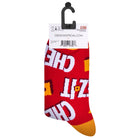 Red sock with text and yellow accents on a white background