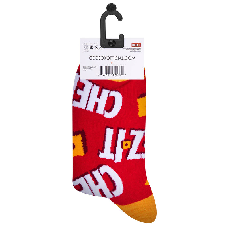 Red sock with text and yellow accents on a white background