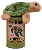 Plush turtle toy on top of a can labeled 'Canned Turtle' with a turtle illustration on a white background.