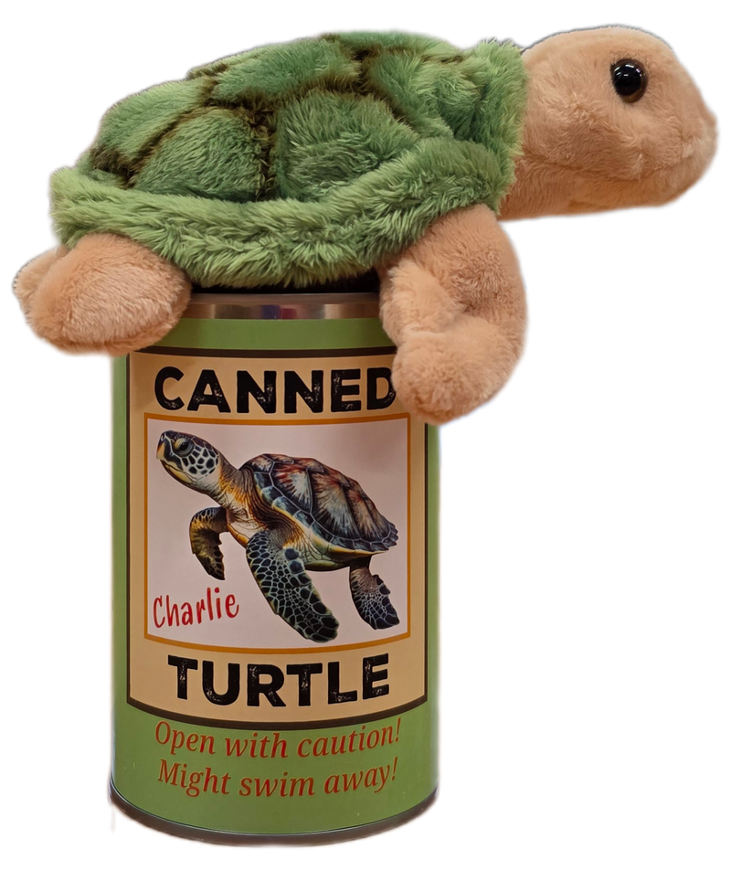 Plush turtle toy on top of a can labeled 'Canned Turtle' with a turtle illustration on a white background.