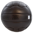 Black leather sports ball with visible branding and text on a white background