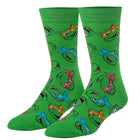 Green socks with cartoon character pattern on a white background