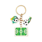 Keychain with soccer-themed charms on a white background