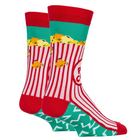 A pair of crew socks with a red and white striped popcorn bucket design, yellow popcorn graphics, and a green and white zigzag pattern on the foot, shown on a plain white background.