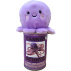 Plush toy octopus on a can labeled 'Canned Octopus' on a white background