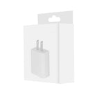 A white wall charger plug shown on a plain white retail box with a hanger tab, isolated on a white background.