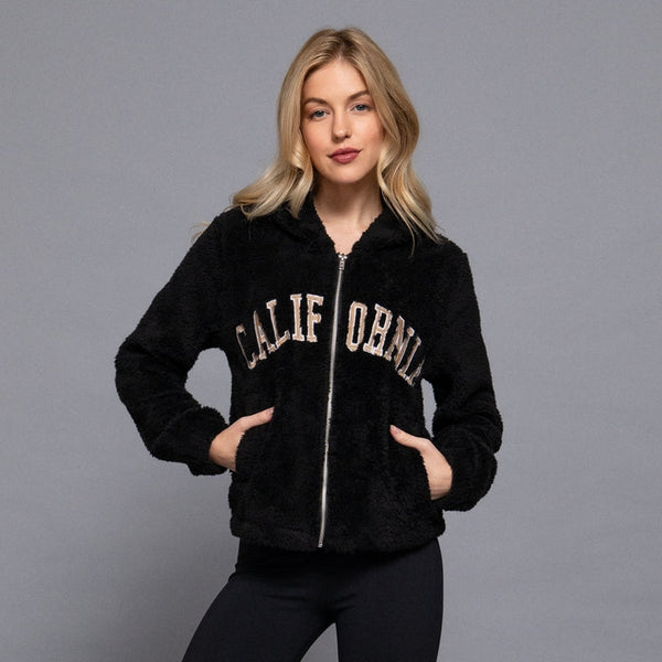 Long Sleeve California Embroidery Hooded Faux Fur Jacket - Black (Front)