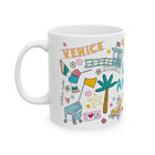 White mug with colorful 'Venice' themed illustrations on a white background