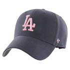 A dark navy blue baseball cap featuring a pink embroidered 'LA' logo on the front and a pink '47' brand logo on the side, set against a plain white background.