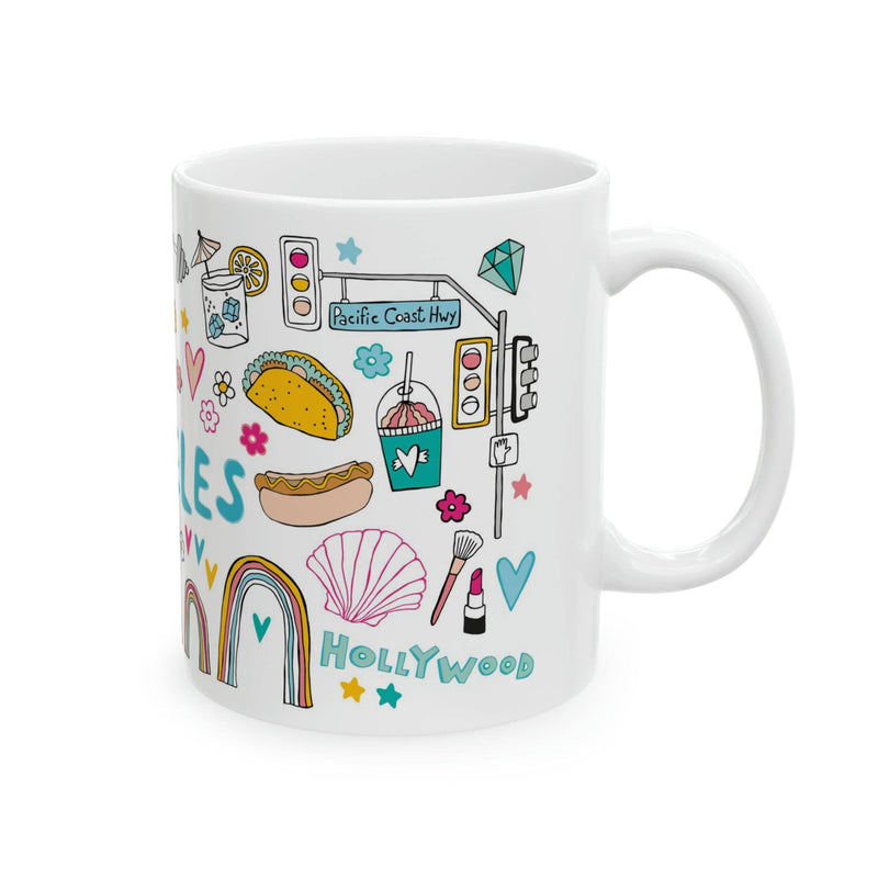 White mug with colorful graphics and text on a white background
