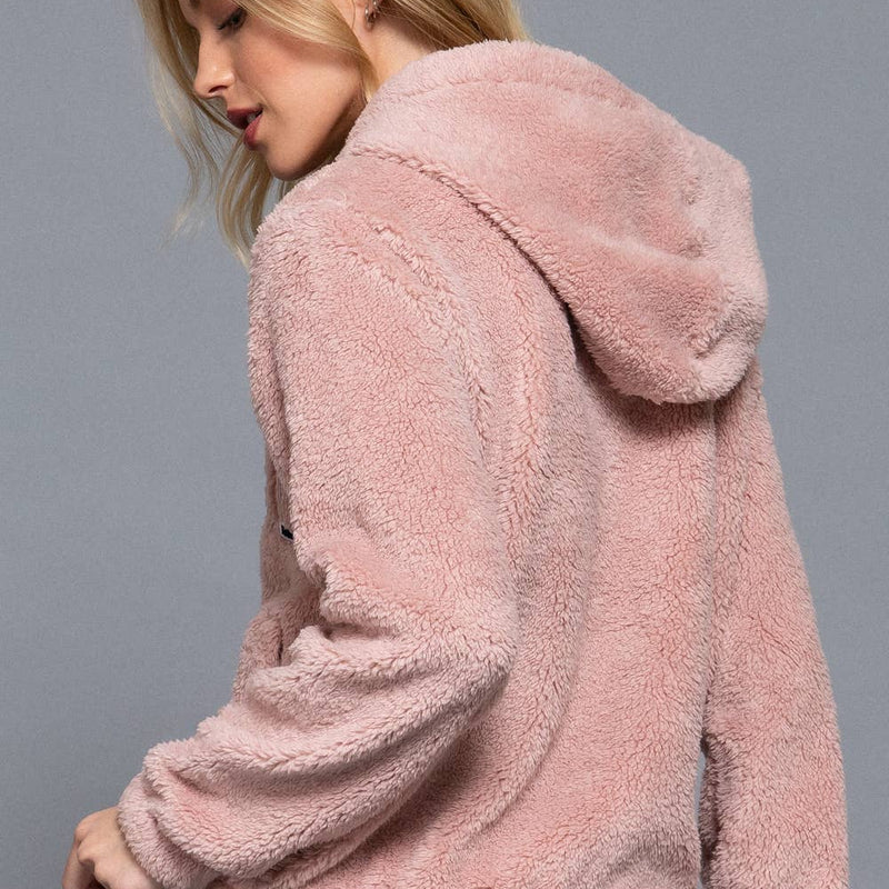 Long Sleeve California Embroidery Hooded Faux Fur Jacket - Dusty Pink (Back)