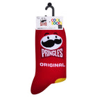 Red Pringles-themed sock with a mustache design on a white background