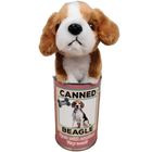 Plush beagle dog toy inside a can labeled 'Canned Beagle' on a white background