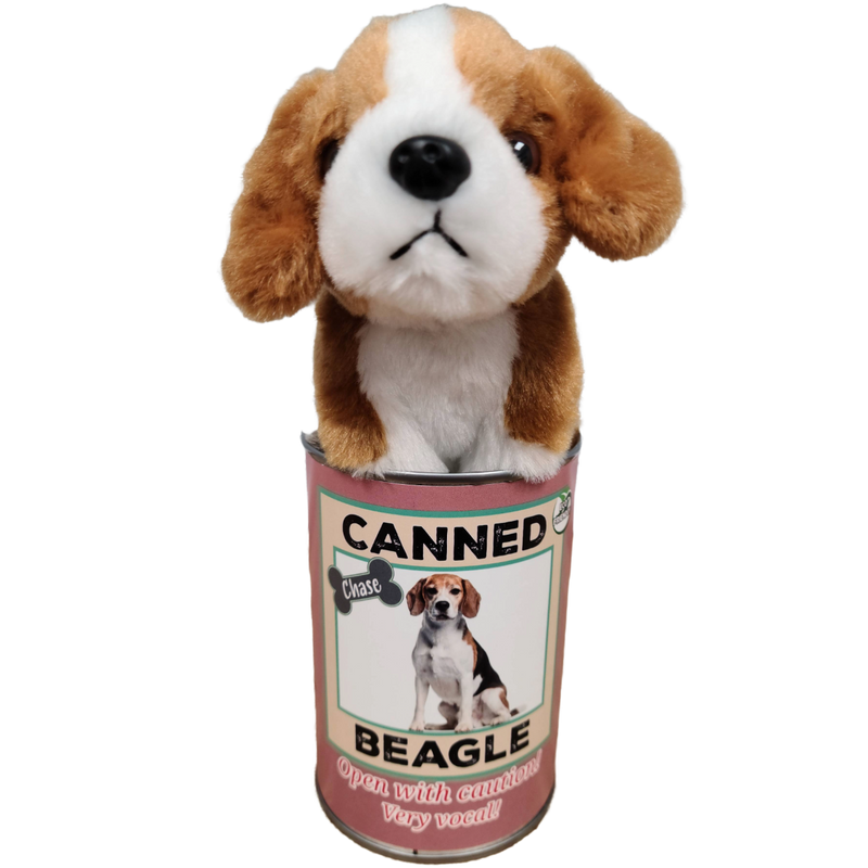 Plush beagle dog toy inside a can labeled 'Canned Beagle' on a white background