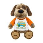 Plush dog toy with a t-shirt featuring Santa Monica, CA text and graphics on a white background